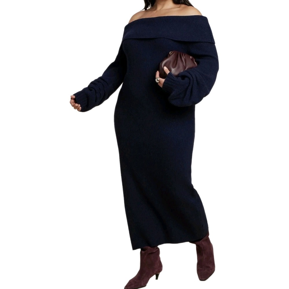 ELOQUII Off Shoulder Slouchy Sweater Maxi Dress Black Size 14/16 NWT Ribbed Knit